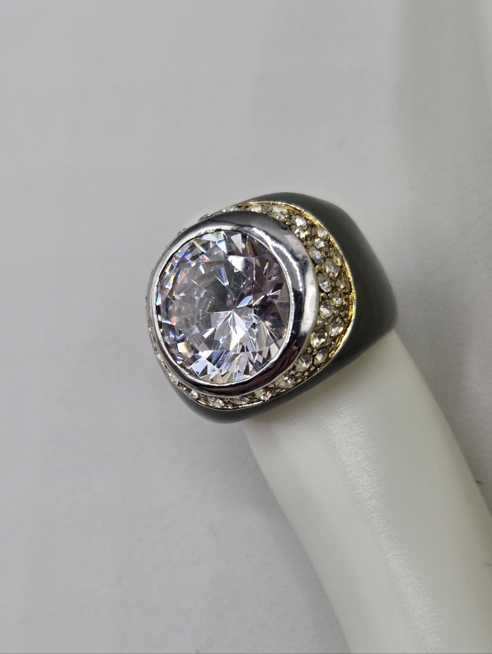 Swarovski Crystal Elements Silver Gold Statement Ring Clear Gray Size 6.75 Prom